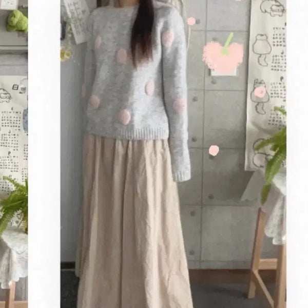 [BUNJANG] Koya Vintage Mori Girl Pink Dot Knit & Beige Long Skirt Coordinated Set / 코야빈티지 모리걸 핑크 도트 니트 코디세트