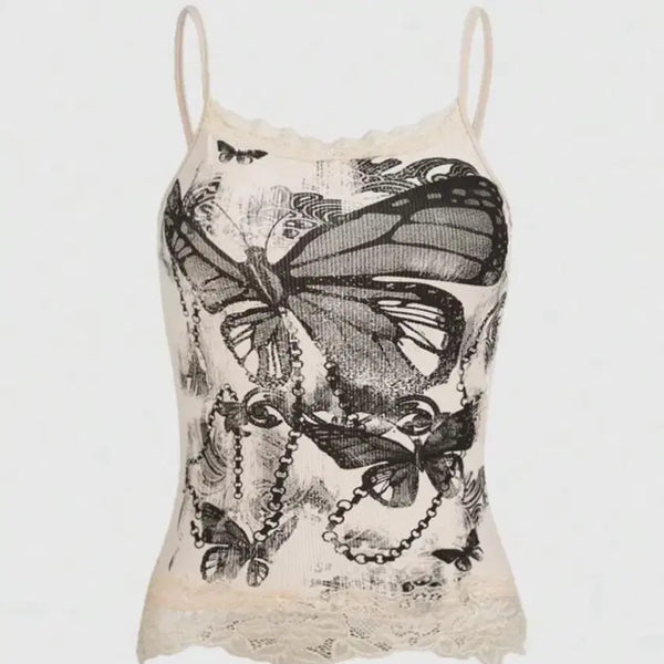 [BUNJANG] Butterfly Lace Tank Top - Gal Style / 나비 레이스 나시 갸루