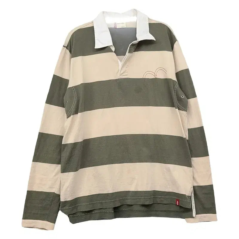 [BUNJANG] Levi's Stripe Green Beige Two-Tone Long Sleeve Polo Shirt MEN-M-95 / 리바이스 스트라이프 그린 베이지 투톤 긴팔 카라티 MEN-M-95