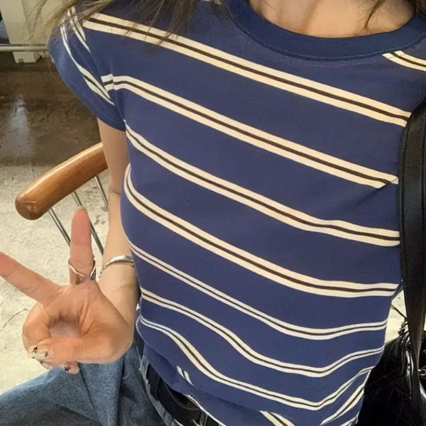[BUNJANG] Striped Short Sleeve T-Shirt Blue / 스트라이프 반팔티 블루