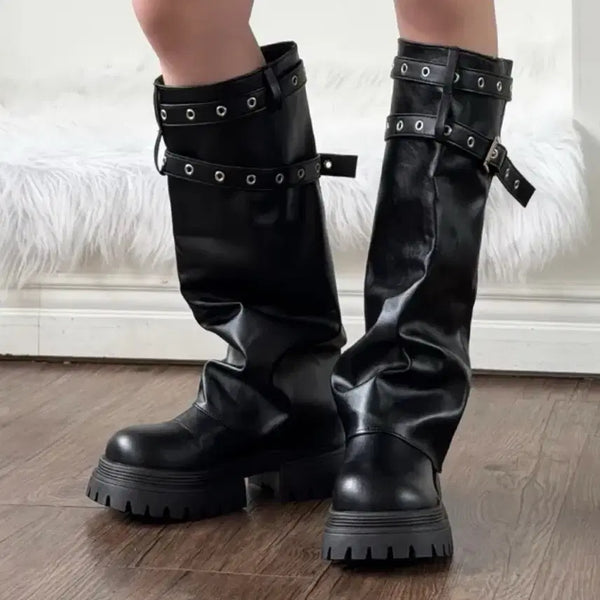 [BUNJANG] Gathered Platform Long Boots / 셔링 통굽 롱부츠