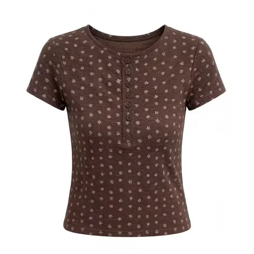 [BUNJANG] Brown Floral Print Henry Neck Short Sleeve T-Shirt / 브라운 헨리넥 반팔티