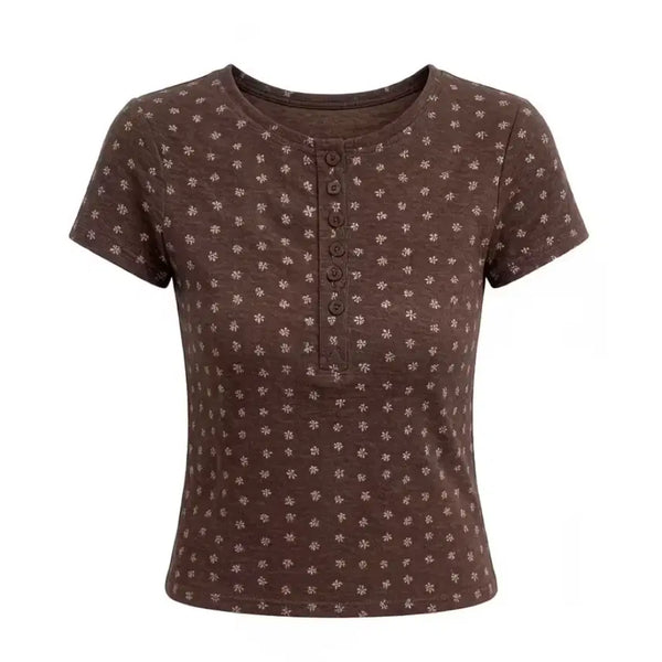 [BUNJANG] Brown Floral Print Henry Neck Short Sleeve T-Shirt / 브라운 헨리넥 반팔티