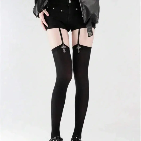 [BUNJANG] Cross Charm Sheer Garterbelt Stockings / 십자가 장식 시스루 가터벨트 스타킹 갸루 야호