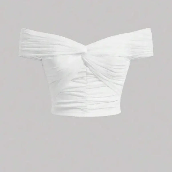 [BUNJANG] White Off-Shoulder Shirring Crop Top / 화이트 오프숄더 셔링 크롭탑