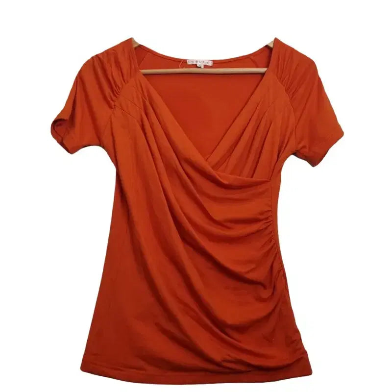 [BUNJANG] COLZA Orange Red Shirring V-Neck Short Sleeve T-Shirt [M] / COLZA 콜자 오렌지 레드 셔링 브이넥 반팔 티셔츠 [M]