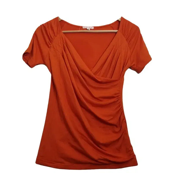 [BUNJANG] COLZA Orange Red Shirring V-Neck Short Sleeve T-Shirt [M] / COLZA 콜자 오렌지 레드 셔링 브이넥 반팔 티셔츠 [M]