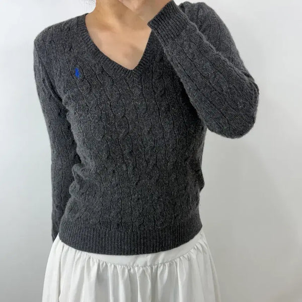 [BUNJANG] Polo V-Neck Cable Knit Sweater / [S] 폴로 브이넥 케이블 니트