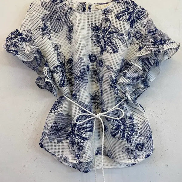 [BUNJANG] Egoist Flower See-through Short Sleeve Frill Blouse / 에고이스트 플라워 시스루 반팔 프릴블라우스 55 하객룩출근룩오피스룩
