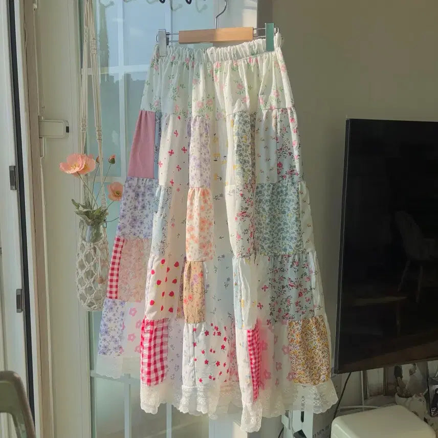 [BUNJANG] Real Patchwork Mint Strawberry Tiered Skirt / [새상품] 리얼 패치워크 민트 딸기 캉캉 스커트 -옷장정리