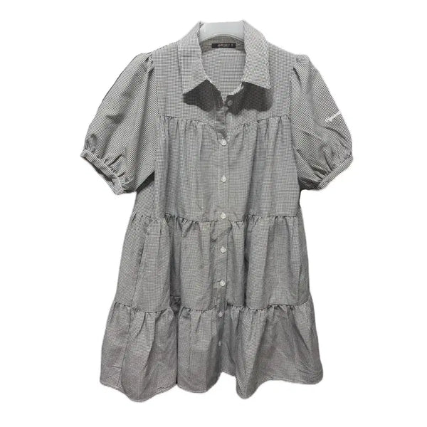[BUNJANG] Japanese Vintage Mori Girl Eyelet Check Puff Short Sleeve Ruffle Dress Blouse / 일본 빈티지 모리걸 아일릿깔 체크 퍼프 반팔 프릴 원피스 블라우스