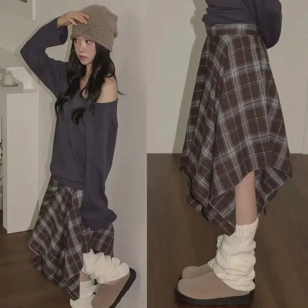 [BUNJANG] Pintermood Nico Vintage Check Asymmetric Skirt / 에이블리 핀터무드 니코 빈티지 체크 언발 스커트