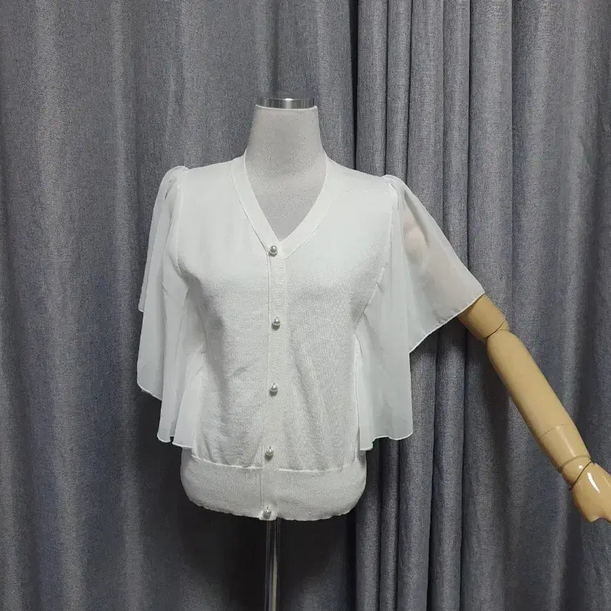 [BUNJANG] Sheer Chiffon Detail Pearl White Knit / 쉬폰디테일 진주알 화이트니트