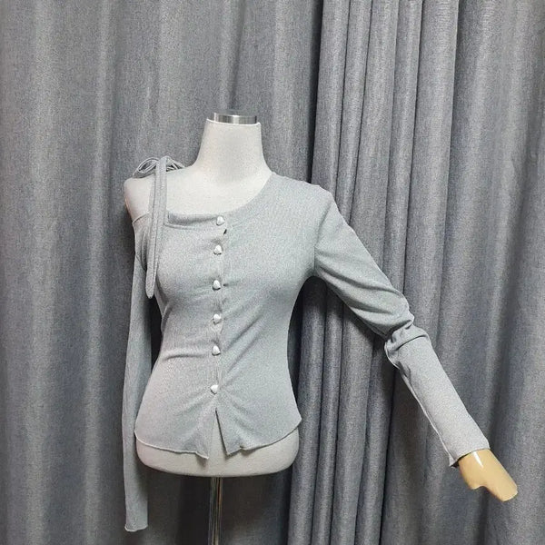 [BUNJANG] One-Shoulder Heart Button Cardigan / 원숄더 하트단추 가디건