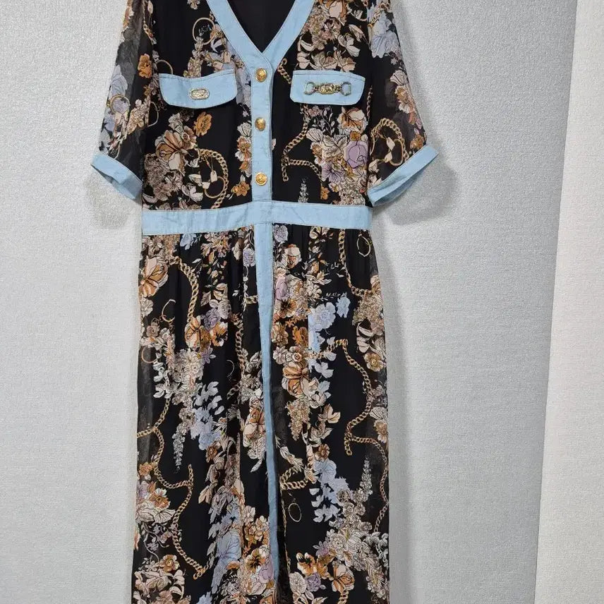 [BUNJANG] Denim Contrast Floral Chain Pattern Short Sleeve Long Dress Size 66 / 데님배색 꽃가라체인패턴 반팔원피스 66