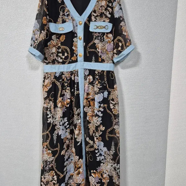 [BUNJANG] Denim Contrast Floral Chain Pattern Short Sleeve Long Dress Size 66 / 데님배색 꽃가라체인패턴 반팔원피스 66