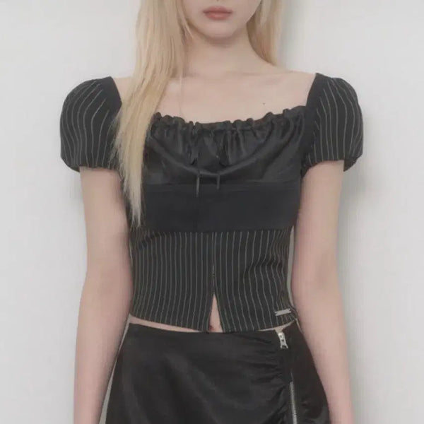 [BUNJANG] Et O Et So Stripe Lace Puff Top / 에트오소메 스트라이프 레이스 퍼프 탑