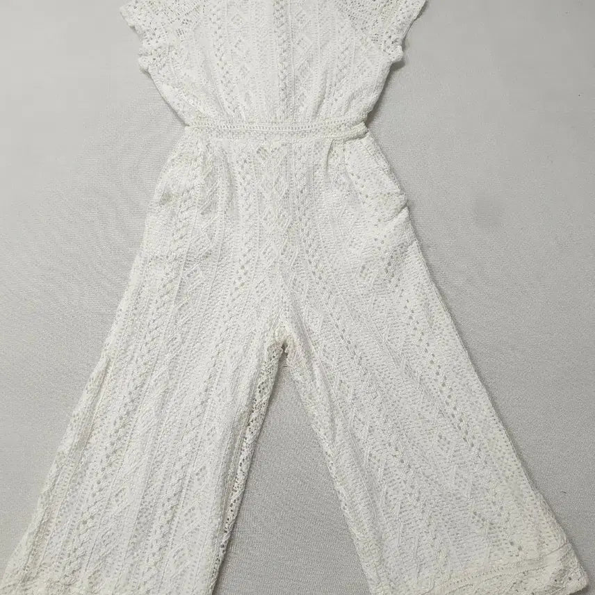 [BUNJANG] Lace Short Sleeve Wide Jumpsuit White / 레이스 반팔 와이드 점프수트 흰색 55 여성85