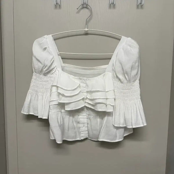 [BUNJANG] White Square Neck Frill Crop Blouse / 화이트 스퀘어 프릴 크롭 블라우스
