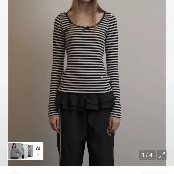 [BUNJANG] Set Up Xy Stripe Lace Long Sleeve Top T-shirt / 셋업엑스이 스트라이프 레이스 탑 티셔츠 롱슬리브