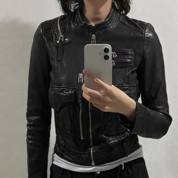 [BUNJANG] Lambskin Leather Jacket Women's Vintage Zip Detail / 램스킨 양 가죽 자켓 55