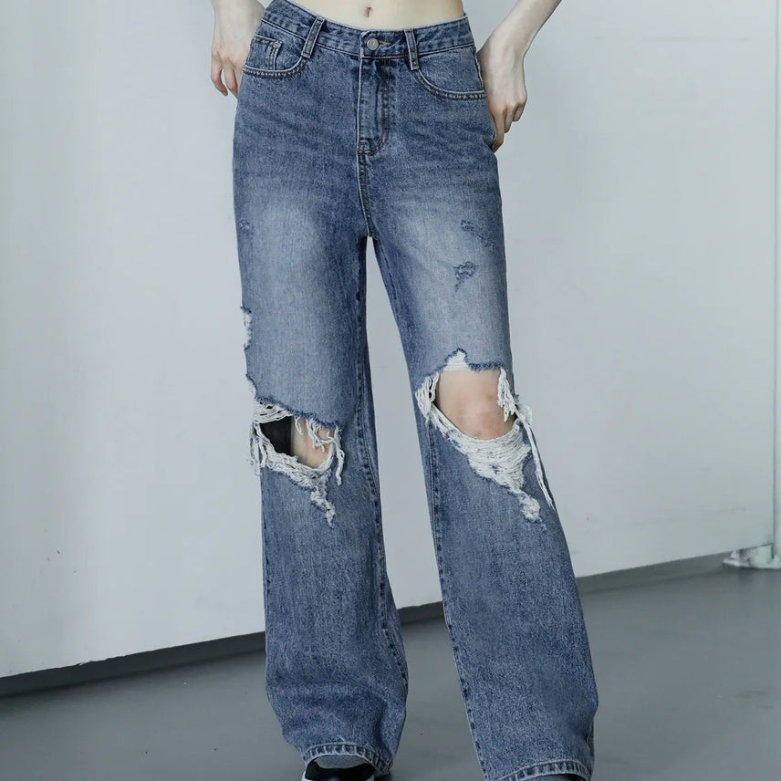 [BUNJANG] WAR Denim Damage Wide Leg Jeans Medium Blue / 와르 W1053 데미지 와이드 데님 팬츠 중청