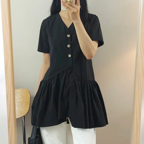 [BUNJANG] Women's V-Neck Short Sleeve Mini Dress Black / (S)여성 브이넥 반팔 미니 원피스 블랙 E10W4274