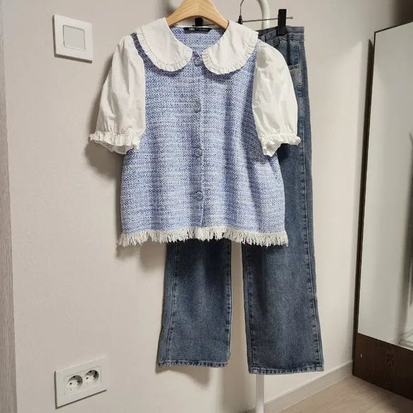 [BUNJANG] Zara Tweed Contrast Short Sleeve Blouse / 자라 트위드 배색 반팔 블라우스