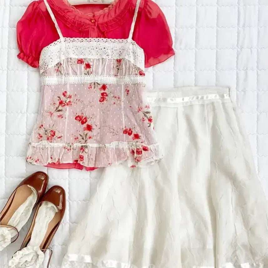[BUNJANG] Vintage Strawberry Coordi Set - Blouse, Cami, Skirt / 빈티지 블라우스&스커트 딸기맛 코디세트 오월빈티지일본빈티지헤이세이히메카지