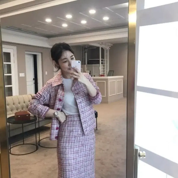 [BUNJANG] Lanco Pink Tweed Jacket & Skirt Set / 랑코 핑크 트위드 자켓 & 스커트