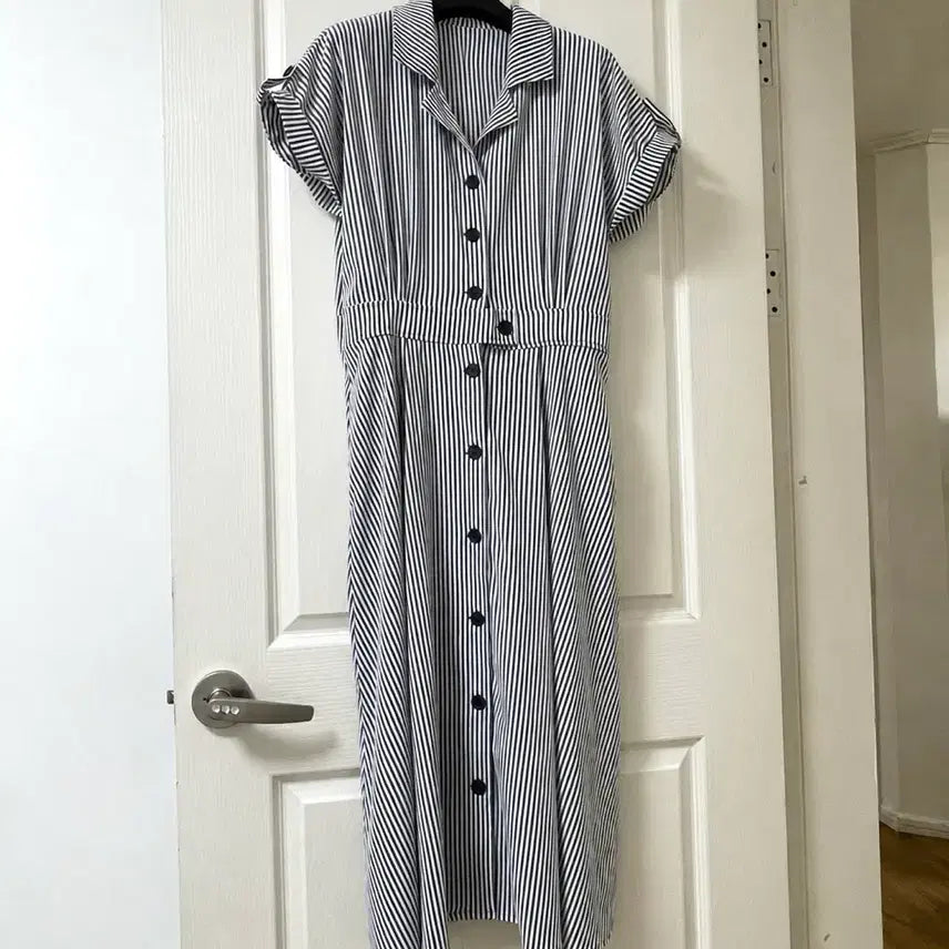 [BUNJANG] Stripe Shirt Short Sleeve Flare Summer Long Dress / 스트라이프 셔츠 반팔 플레어 여름 롱 원피스