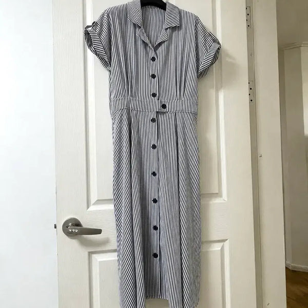 [BUNJANG] Stripe Shirt Short Sleeve Flare Summer Long Dress / 스트라이프 셔츠 반팔 플레어 여름 롱 원피스