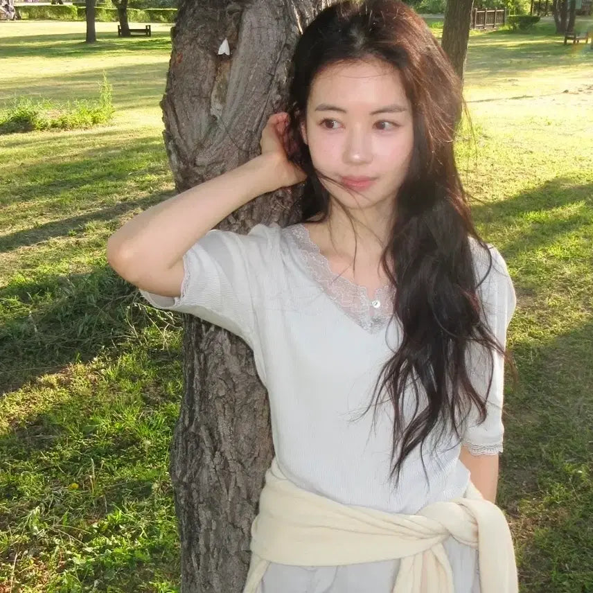 [BUNJANG] Auro Lace Short Sleeve T-Shirt / 아우로 레이스 반팔 티셔츠