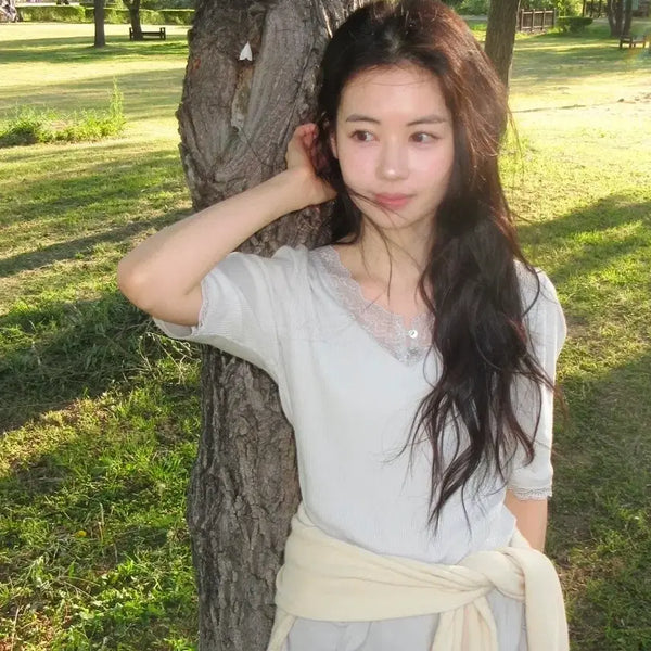 [BUNJANG] Auro Lace Short Sleeve T-Shirt / 아우로 레이스 반팔 티셔츠