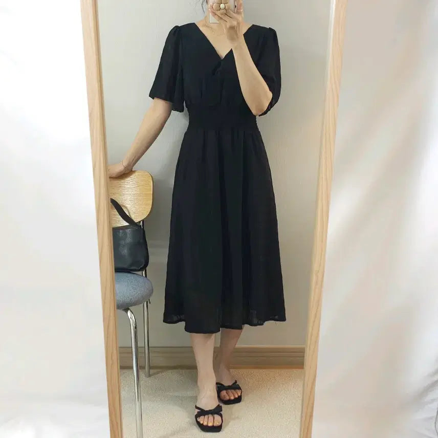 [BUNJANG] Women's Short-Sleeve Long Black Maxi Dress / (F)여성 반팔 롱 원피스 블랙 J10W4280