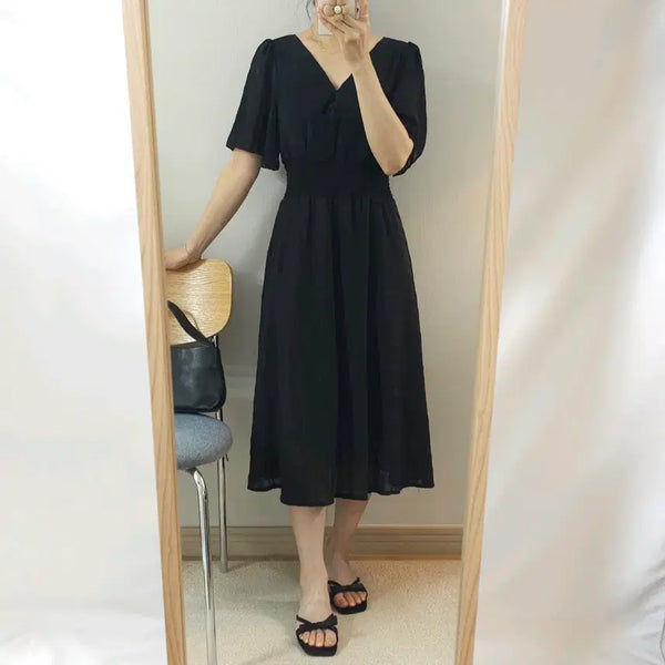 [BUNJANG] Women's Short-Sleeve Long Black Maxi Dress / (F)여성 반팔 롱 원피스 블랙 J10W4280