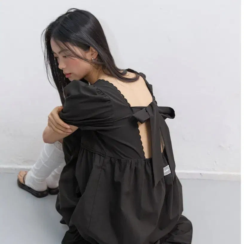 [BUNJANG] Michiko London Puff Sleeve Ribbon Dress / 미치코런던 퍼프 슬리브 리본 원피스