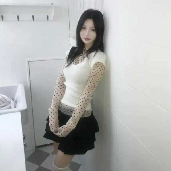 [BUNJANG] Layered Short Sleeve Knit T-Shirt / 레이어드 반팔 니트 티셔츠