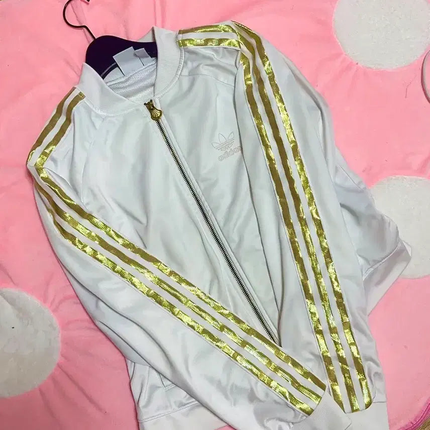 [BUNJANG] Adidas White Gold 3-Stripes Track Top Jersey M / 아디다스 흰색 금색 삼선 져지 트랙탑 M사이즈