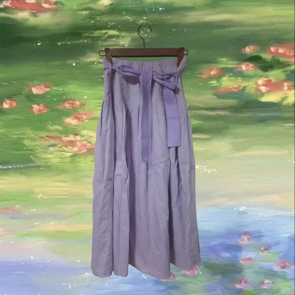[BUNJANG] Lavender Ribbon Strap Pleated Long Skirt / 연보라 라벤더 리본 스트랩 플리츠 롱 스커트 치마 모리 (페어리코어)