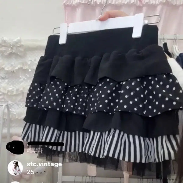 [BUNJANG] STC Vintage Black Frill Dot Stripe Kankang Skirt / STC빈티지 블랙 프릴 도트 스트라이프 캉캉 스커트 일본빈티지 갸루y2k
