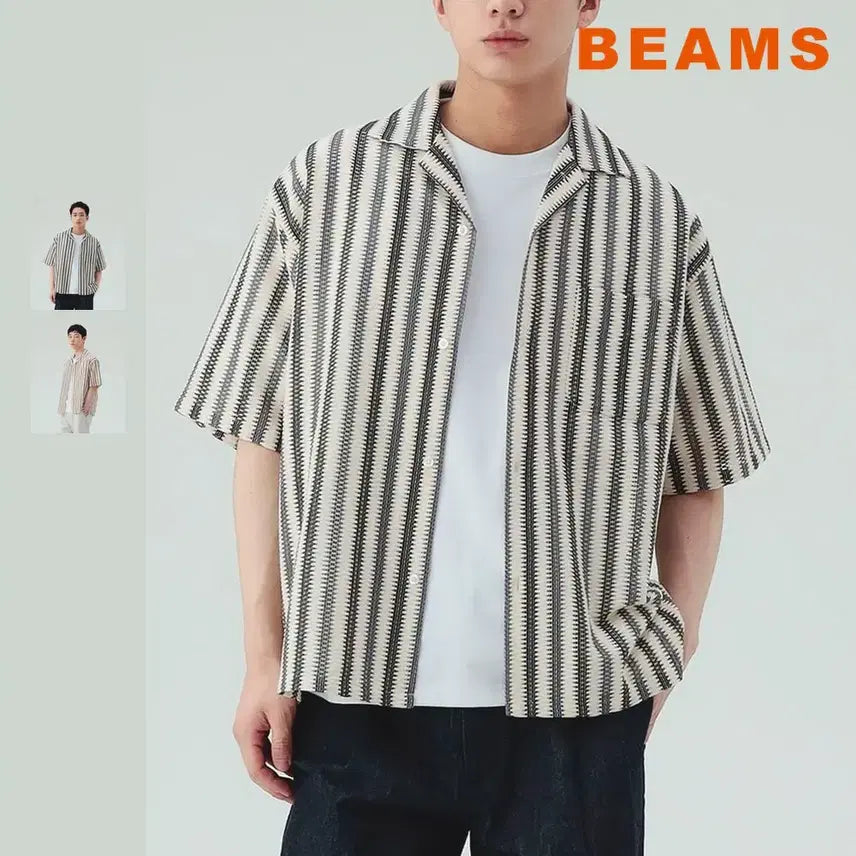 [BUNJANG] BEAMS Heart Stripe Mesh Lace Open Collar Shirt SS26 / 빔즈 하트 스트라이프 메시 레이스 오픈칼라 셔츠 26SS