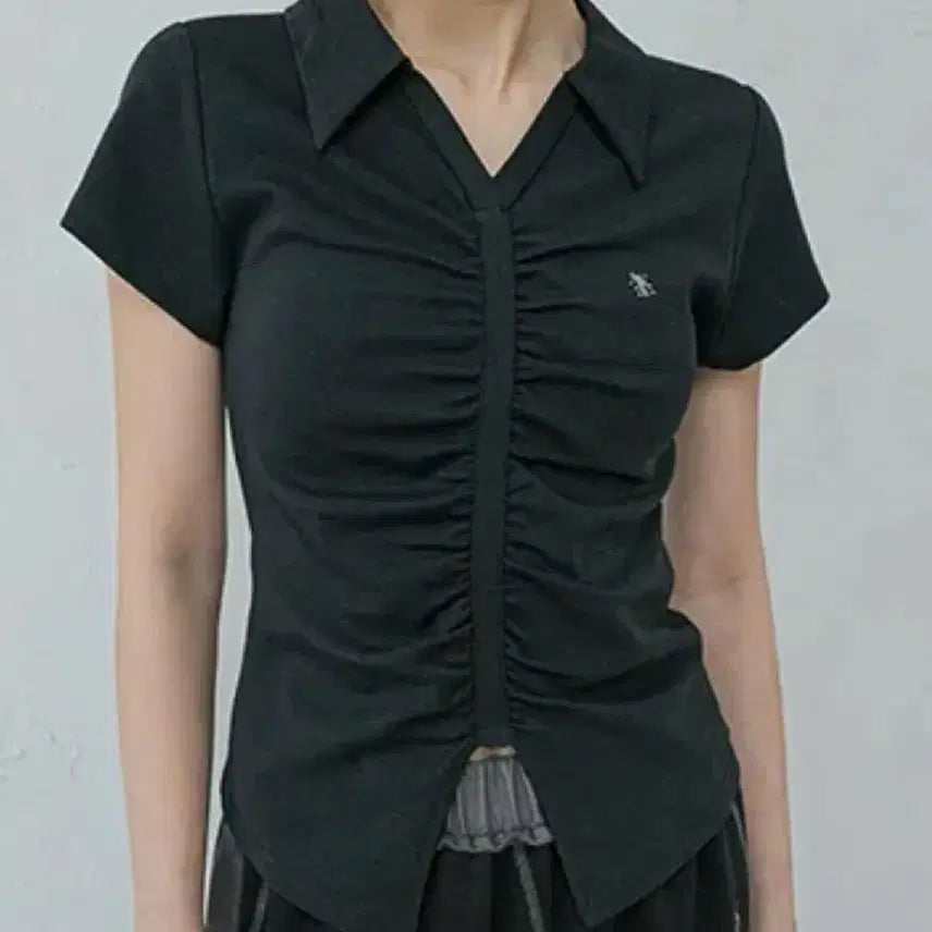 [BUNJANG] Urban Dress V Shirring Collar T-Shirt Charcoal / 어반드레스 브이 셔링 카라티 차콜