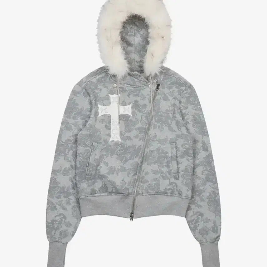 [BUNJANG] Love Is True Unbalanced Fur Hood Zip-Up Grey / 러브이즈트루 언발란스 퍼 후드집업 그레이