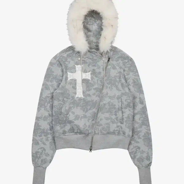 [BUNJANG] Love Is True Unbalanced Fur Hood Zip-Up Grey / 러브이즈트루 언발란스 퍼 후드집업 그레이