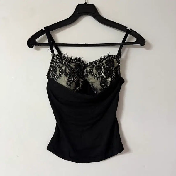 [BUNJANG] Women's Lace Trim Camisole with Built-in Cups (Black) / 새상품 여자 레이스 트임 캡내장 끈나시 (블랙)