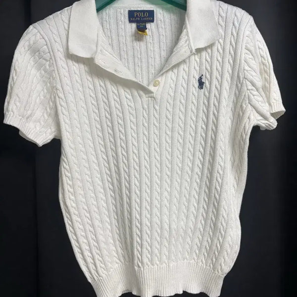 [BUNJANG] Polo Ralph Lauren Girls' XL White Cable Knit Short Sleeve Sweater / 폴로 랄프로렌 걸즈 XL 화이트 케이블 니트 반팔