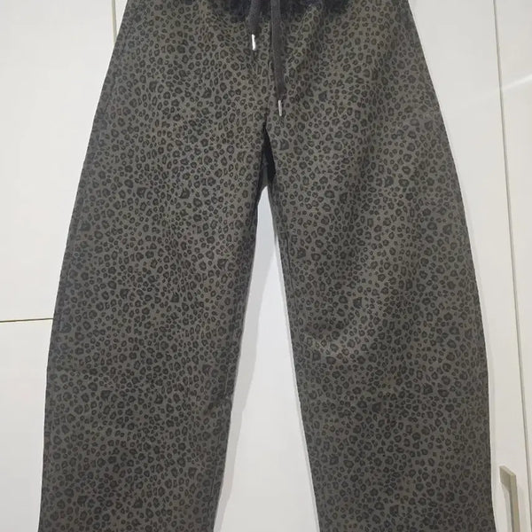[BUNJANG] Leopard Print Wide Leg Pants with Black Lace Detail / 레오파드 호피패턴 와이드 팬츠 블랙 레이스 디테일