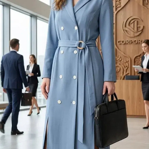 [BUNJANG] Double-Button Long Dress Blue / 더블 버튼 여성용 롱 원피스 블루 하객룩