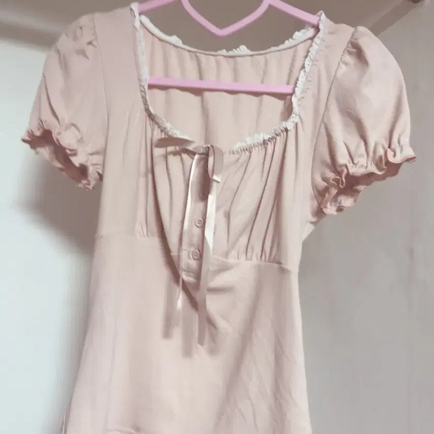 [BUNJANG] Ribbon Frill Blouse Pink Beige / 리본 프릴 블라우스 핑크베이지
